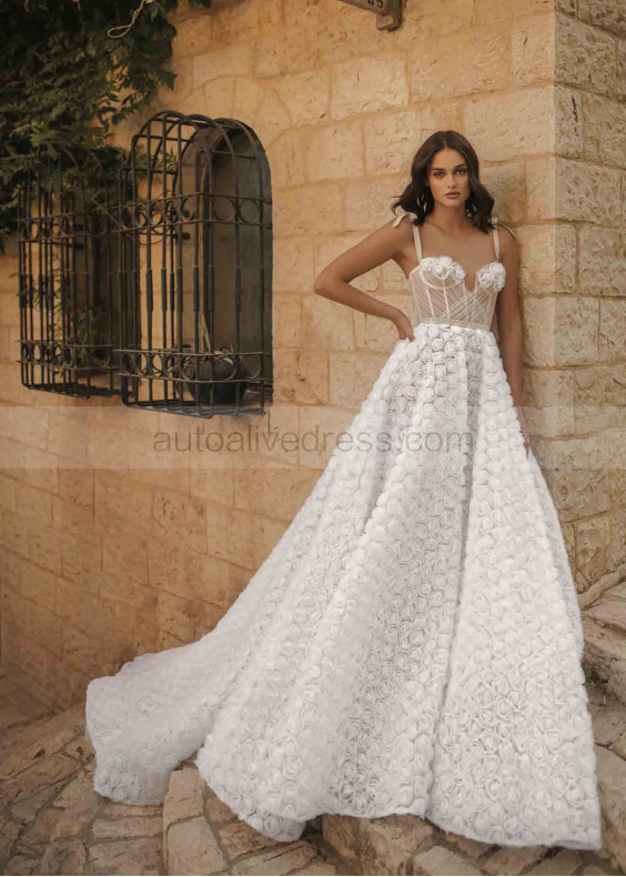 Beaded Ivory Rosette Tulle Romantic Wedding Dress